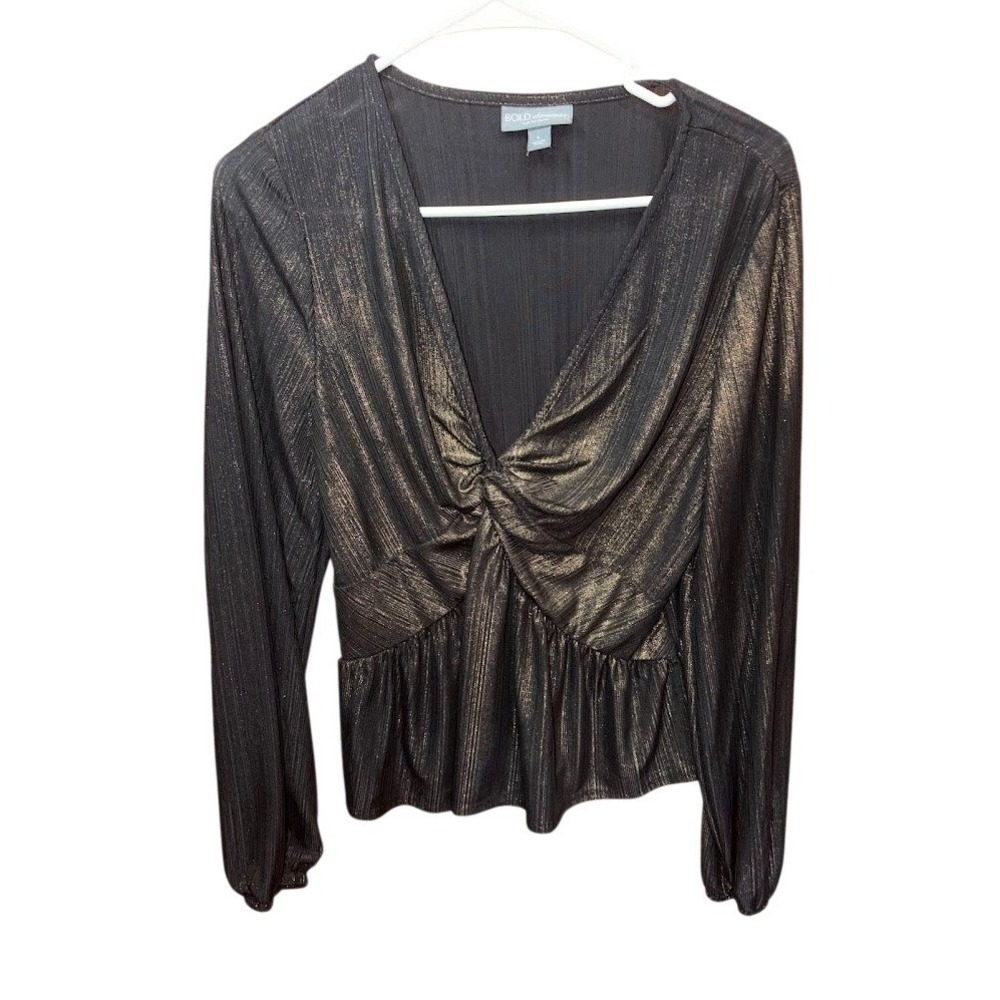 Bold Elements‎ Black Gold Metallic Twist Front Peplum Top LongSleeveV-NeckLarge
